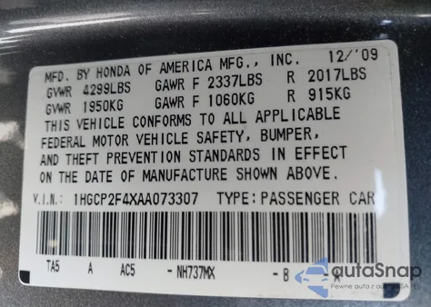 2010 Honda Accord 2.4 Lx-P from USA, damaged, VIN 1HGCP2F4XAA073307
